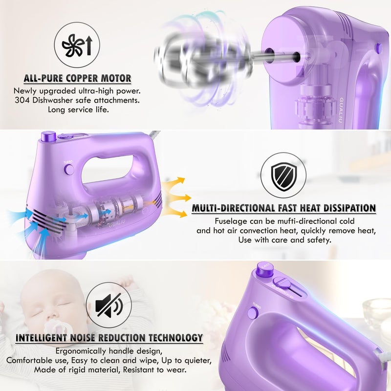 GUALIU Electric Hand Mixer with Stainless Steel Whisk, Dough Hook Attachment and Storage Bag, Handheld Mixer for Baking Cakes, Eggs, Cream Food Mixers. Turbo Boost /5 Speed Kitchen Blender PURPLE - Image 3